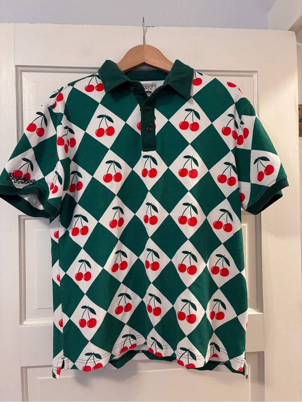 Bogey Boys Polo Shirt Mens Medium Green Red Cherry Print Cotton Golf Size Large